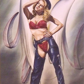 Bryan Kemila: 'trigger happy new price', 2008 Acrylic Painting, Western. Artist Description: This lady is darn lovely.  Nice tits, and a crotch to match.  She wears chaps but doesn t cover her juicy triangle.  She tips her hat, throws out her hip and seems to suggest, . . .  take me.  I m your cowgirl, here for the taking.  Take me.  And take ...