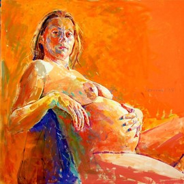 Nude of pregnant girl against orange background By Lawrence Buttigieg