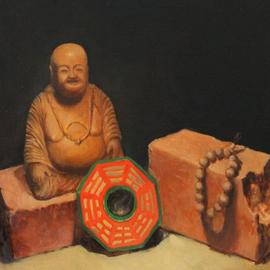 Angel Cruz: 'SL w Wooden Buddha n Prayer Beads', 2015 Oil Painting, Representational. Artist Description: Wooden Buddha statuette, Buddhist prayer beads and Taoist Pa Kua Octagon.  Oil painting on wood panel Unframed ...