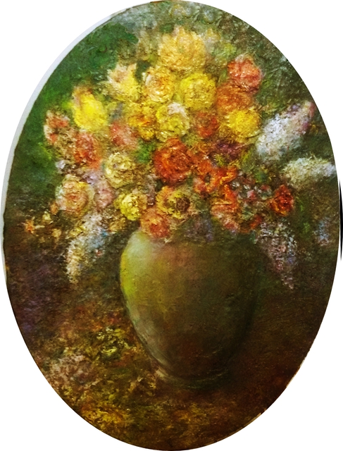 Artist Sylva Zalmanson. 'Flowers In A Green Vase' Artwork Image, Created in 2015, Original Mixed Media. #art #artist