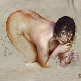Ivo Winnubst: 'Nebalia SEnsu Stricta 2', 2010 Oil Painting, People. Artist Description:  Nebalia, sensu, stricta, portrait, realistic, human, oil, panel, new, woman, nude, sea, waddensea     ...