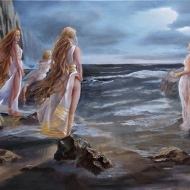 Ageliki Alexandridou: 'Mystic Waters', 2022 Oil Painting, Magical. Artist Description: 4 women on a rocky shore, gazing at the turbulent sea.  The painting is part of the sectionA world beyondwhich depicts mythical creatures and specifically of the collectionNereids.  The Nereids are an integral part of ancient Greek mythology.  These divine creatures, followers of the sea god Poseidon, had ...