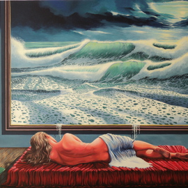 Alejandro Del Valle: 'Seadream', 2014 Acrylic Painting, Seascape. Artist Description:          seascape, sea, waves, ocean, , foam, moonlight, female, nude, book, room, moon       ...