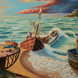 Alejandro Del Valle: 'old witnesses', 2013 Acrylic Painting, Seascape. Artist Description:         seascape, sea, waves, ocean, , ship, sand, foam, beach, boats, rusty      ...