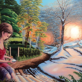 Alejandro Del Valle: 'the SMS', 2015 Acrylic Painting, Surrealism. Artist Description:  surrealism, landscape, woodland, snow, winter, summer, trees, sunlight, flowers, woman, female        ...