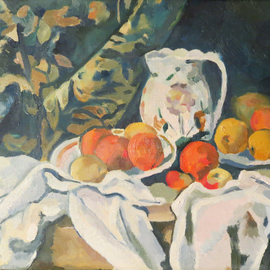 Alexander Filippovich: 'Copy Still life with drappery', 2016 Oil Painting, Still Life. Artist Description: Cezanne. still life, drappery, oranges, jug, table...