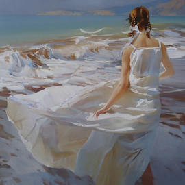 Alexey Chernigin: 'Atlantic', 2013 Oil Painting, Body. Artist Description: Girl, sea, waves, sun, summer, water, beach, white dress, wind...