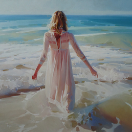 Alexey Chernigin: 'appointment', 2017 Oil Painting, Body. Artist Description: Sea, girl, waves, sunny, water, seacoast, body, dress, impressionism...