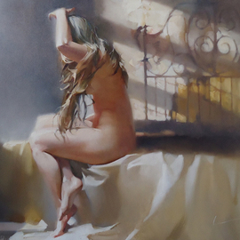 Alexey Chernigin: 'at morning', 2013 Oil Painting, Figurative. Artist Description: Girl, bed, bedroom, window, light, sun, nu, nude...
