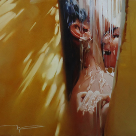 Alexey Chernigin: 'rain', 2016 Oil Painting, Love. Artist Description: Kiss, love, rain, drops, summer, lovers...
