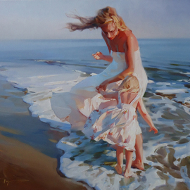 Alexey Chernigin: 'salt wind', 2012 Oil Painting, Figurative. Artist Description: Sea, waves, woman, girl, sun, water, beach, impressionism, dress, child...