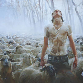 Alexey Chernigin: 'shepherd', 2015 Oil Painting, Philosophy. Artist Description: Shepherd, sheep, flock, rain, fog, destination...