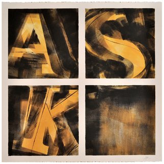 Alexey Klimov: 'ASKING x FOUR in YELLOW', 2014 Ink Painting, Abstract.  Part of the collection of 4. I have a life- long fascination with digits and figures: their visual shapes, their meanings and the infinite number of words their interplay generates. Coincidentally my own initials add up into the word ASK, an extremely important word, the one that guides me through...
