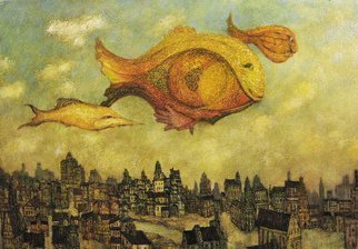 Alexandr Ivanov: 'unhurried flight of fishes', 2016 Oil Painting, Fantasy. phantasmagoria in the sky . . . huge strange fish in the sky above the town...