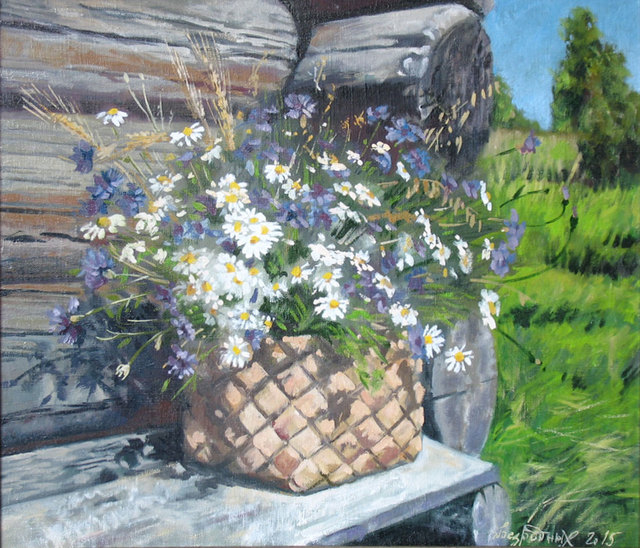 Alexander Bezrodnykh  'Chamomile Cornflowers', created in 2015, Original Painting Oil.