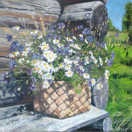 Alexander Bezrodnykh: 'chamomile cornflowers', 2015 Oil Painting, Sea Life. Artist Description: summer, chamomile. cornflowers, flowers...
