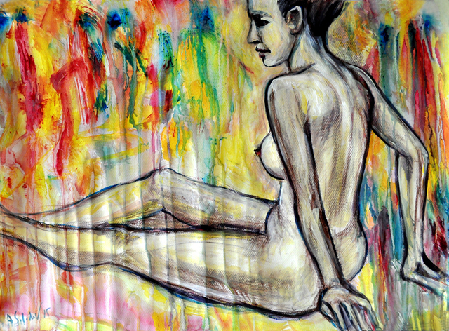Alex Solodov  'Nude Model Sitting', created in 2015, Original Painting Ink.