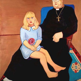 Alice Murdoch: 'Angel', 2011 Oil Painting, Figurative. Artist Description:     Girl on Priest's lap with lollipop                               ...