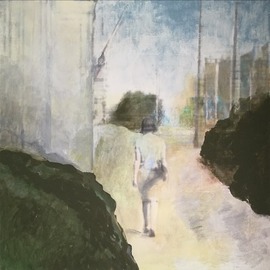 Alina Picazio: 'new world of anna n', 2020 Acrylic Painting, Cityscape. Artist Description: Once I made a series of drawings about adventures of Anna N.  A modern character in an old fashioned Alfred Hitchcock movie.  And here she is, walking through Warsaw.  Mixed media on canvas - monoprinthand made transferand acrylic.  ...