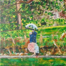 Alina Savko: 'beauty of motherhood', 2021 Acrylic Painting, Figurative. Artist Description: Painting of mother on a walk in the park with children on a rainy day. ...