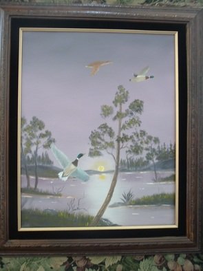 Al Johannessen: 'Hey waite for me', 2010 Oil Painting, Birds.  Ducks at sunset flying overhead ...