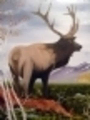 Al Johannessen: 'Ruler of his domain', 2010 Oil Painting, Animals.   Black bear blocking the trail Close up of a big bull elk  ...