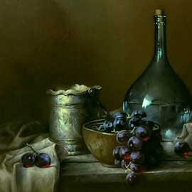 Aleksandr  Koss: 'bottle and grapes', 2022 Oil Painting, Still Life. Artist Description: The still life consists of ordinary household items, typical both for our time and for more ancient eras. Made in the technique of the old Flemish masters using imprimatura umber and glazing. The canvas is covered with matte dammar varnish and stretched on a wooden stretcher. ...