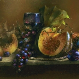 Aleksandr  Koss: 'pumpkins', 2022 Oil Painting, Still Life. Artist Description: The still life consists of ordinary household items, typical both for our time and for more ancient eras. Made in the technique of the old Flemish masters using imprimatura umber and glazing. The canvas is covered with matte dammar varnish and stretched on a wooden stretcher. ...