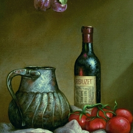 Aleksandr  Koss: 'wine and jug', 2022 Oil Painting, Still Life. Artist Description: The still life consists of ordinary household items, typical both for our time and for more ancient eras. Made in the technique of the old Flemish masters using imprimatura umber and glazing. The canvas is covered with matte dammar varnish and stretched on a wooden stretcher. ...