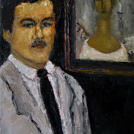 Alpha Shanahan: 'modigliani with anna', 2018 Oil Painting, Figurative. Artist Description: Amedeo Modigliani, the famous italian painter1884- 1920 has painted many portraits.  In this painting, i placed him before one of his portrait paintings.  That of Anna Zborowski.  This is a small portrait painting of my favourite artist, Amedeo Modigliani. ...