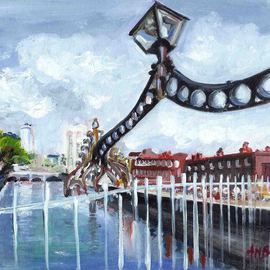 A M Bowe: 'Halfpenny Bridge Dublin', 2008 Oil Painting, Cityscape. 