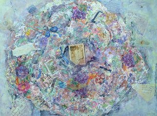 Andree Lisette Herz: 'Memory wreath', 2002 Fiber, Americana. Handmade paper acrylic painting with old photos, found objects. this work tells a story of a persons life...