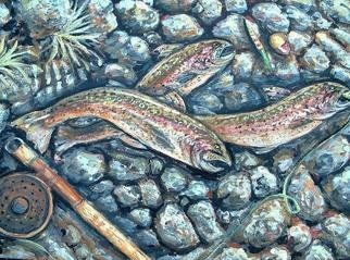 Andree Lisette Herz: 'Shore Lunch', 2004 Acrylic Painting, Fish. Painting of shoreline of the Delaware River with rainbow trout...