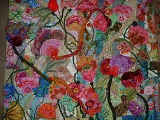 Andree Lisette Herz: 'happy flowers', 2010 Fiber, Floral.    quilted material , found objects, buttons, on birch         ...