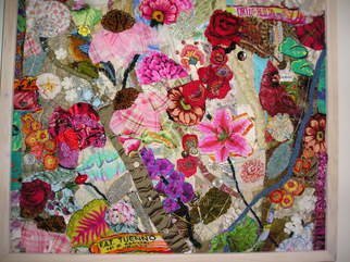 Andree Lisette Herz: 'pink plaid', 2010 Fiber, Floral.     quilted material , found objects, buttons, on birch          ...