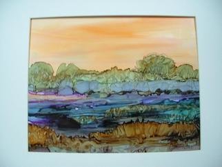 Andree Lisette Herz: 'sunset field', 2013 Ink Painting, Landscape.           . alcohol ink  painted with q tips on yupo                     ...