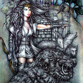 Angel Piangelo : 'ARTEMIS and THE BEAST', 2018 Acrylic Painting, Mythology. Artist Description: Drawing - mixed Techniqueblack drawing pens, color pencils and acrylics - Very Difficult Technique, as black Permanent Pens were used that cannot be corrected or erased - Inspired from the Ancient Greek MythologyArtemis daughter of Zeus and Goddess of Hunt sent the wild Boar beast to kill Adonis as a punishment, ...