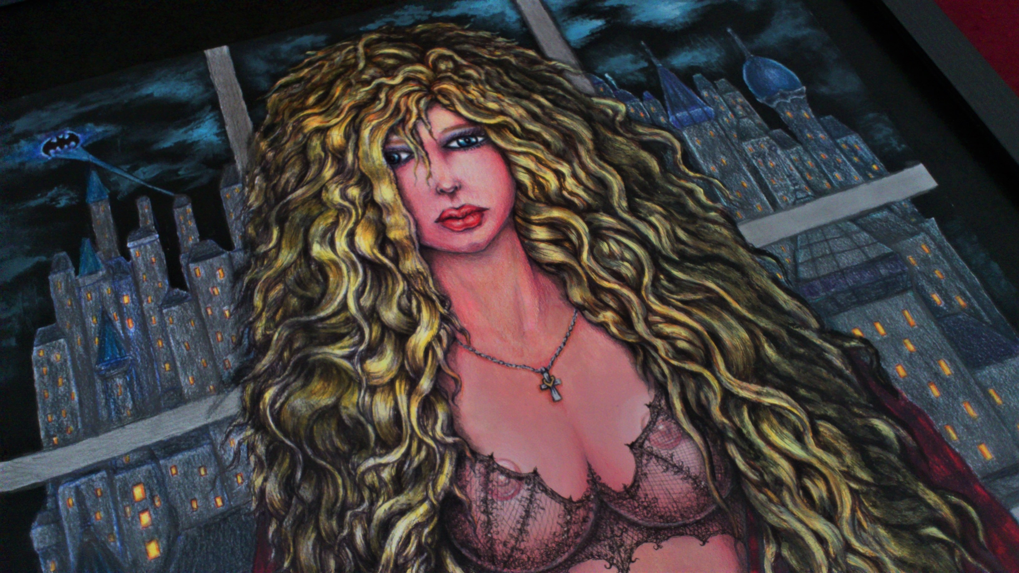 Angel Piangelo : 'Vicki Vale in GC Batman', 2018 Acrylic Painting, Nudes. A<< Vicki Vale in Gotham CityA>> by Angel P.  Painting with Acrylic colors and color pencils - a Special and Unique Technique applied that makes the Painting looks like an oil Painting on a Canvas, although no oils used and also more Permanent needs no protective glass, alike the oil Paintings Amazing...