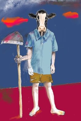 Animal Menduko Gulle: 'ganado cattle', 2023 Digital Drawing, Portrait. It s a boy with shovel and It is a look at child labor in the countryside. ...