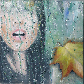 Marina Kalabukhov: ' face of the girl behind the window', 2015 Oil Painting, People. Artist Description:     Oil paintings: raindrops on glass, single yellow leaf stuck to the window, the girl's face behind the window  ...