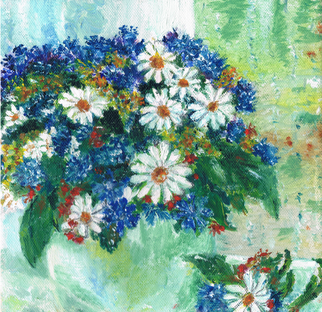 Marina Kalabukhov  'Bouquet Of Chamomile Cornflowers And Strawberries', created in 2015, Original Painting Oil.