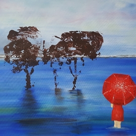 Ana Neto: 'red umbrella', 2018 Acrylic Painting, Landscape. Artist Description: A woman with a red dress and red umbrella crossing a calm river with trees. wondering how was that place years ago. ...