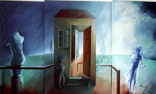 Anna Maria Grill-r.: 'Border Crosser', 2000 Oil Painting, Family.   house, family, child, past, future, blue, horizont,    ...