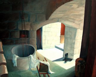 Anna Maria Grill-r.: 'Dont cry', 2005 Oil Painting, Architecture.    Lonely, house, darkness, mystery, child, doll, cellar, light  ...