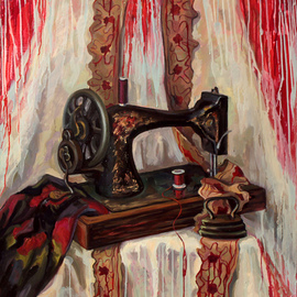 Anna Reztsova: 'Still life with blood', 2015 Oil Painting, Psychology. Artist Description: sewing- machine, red, vintage...