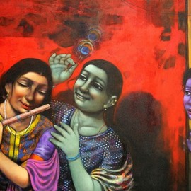 Pramod Apet: 'radha', 2017 Acrylic Painting, Figurative. Artist Description: beautiful expression, boy, friends, noughty, smiling faces, acrylic , indian art, playing, nice color, child hood, figurative, children, decoration, house, happy, festival, Radha, Krishna, love, lovely...