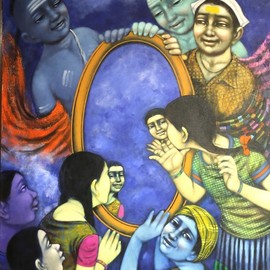 Pramod Apet: 'the mirror', 2017 Acrylic Painting, Figurative. Artist Description: beautiful expression, boy, friends, noughty, smiling faces, acrylic , indian art, playing, nice color, child hood, figurative, children, decoration, house, happy, festival...