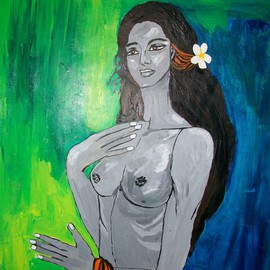 Archna Jaideep Singh: 'Perplexed', 2008 Acrylic Painting, Figurative. Artist Description:  The composition comprises acrylic paints on paper and shows a beautiful young girl decked with a flower in her hair in perplexity about what' s ahead. The olive green leaves enhance the concept of innocence in the portrayal. ...