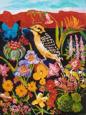 Mary Hatch: 'Golden Woodpecker', 2012 Acrylic Painting, Birds.  Part of the Bird series. Golden Woodpecker surrounded by flowers, a butterfly, and a Southwest red mountain in the background. Bold brilliant colors. ...