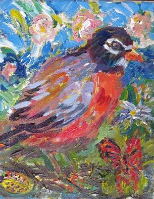 Mary Hatch: 'Spring Robin', 2016 Acrylic Painting, Birds.  Part of the Bird Series. Robin with flowers, butterfly, mountain in the background. Impressionist colors. ...